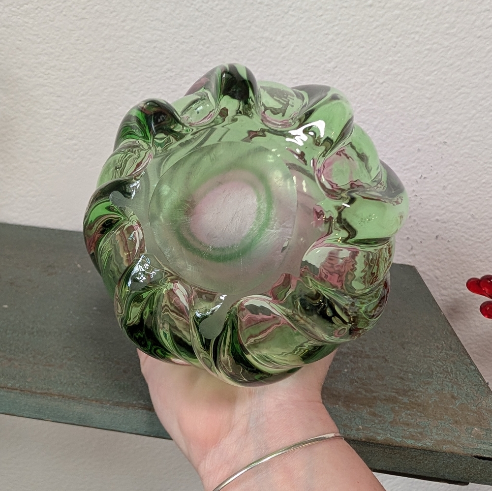 Vintage Teleflora Pink Green Watermelon Hand Blown Art Glass Ruffled Vase - Picture 4 of 10